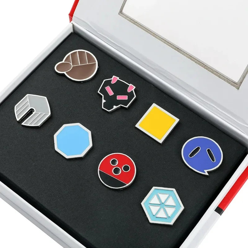 Pocket Monster Trainer Gym Badges Collection Kanto Johto Hoenn Unova Kalos Orange Islands Pins Brooches Toy for Collectors