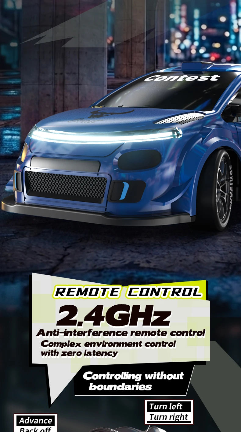 1:24 Scale 4WD Drift RC Car 2.4G Remote Pearl Finish Large Tail Fin Replaceable Racing Drift Wheel Front Rear LED Light Toy Car