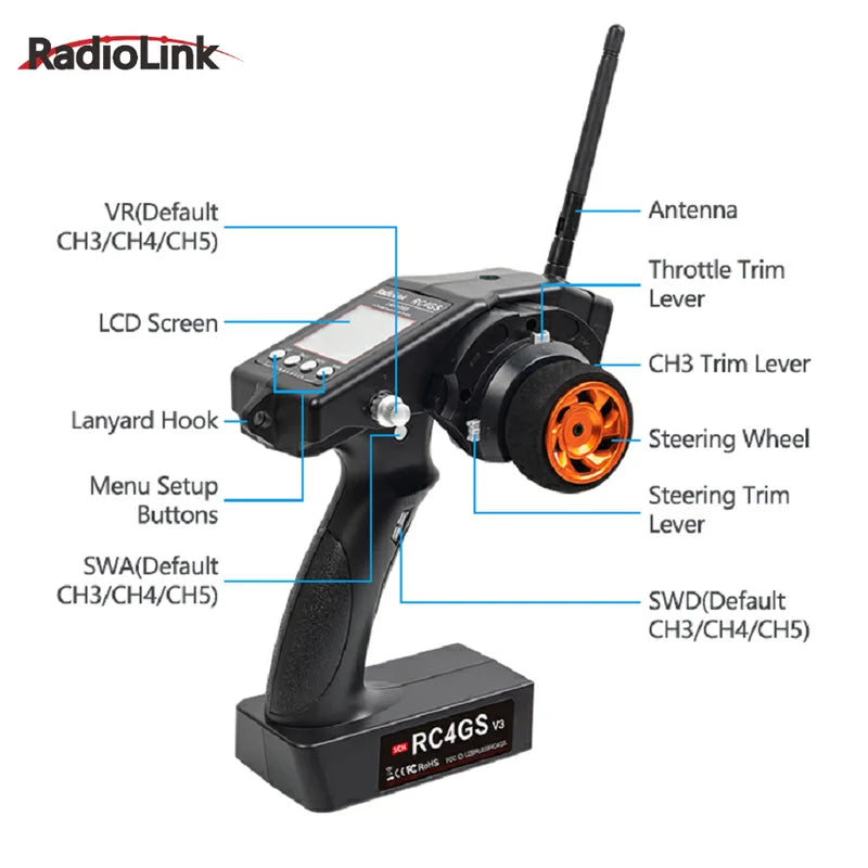 RadioLink RC4GS V3 2.4G 4CH 5CH 7CH 400M Distance Remote Controller Transmitter  R6Fg Gyro Inside Receiver for RC Car Boat