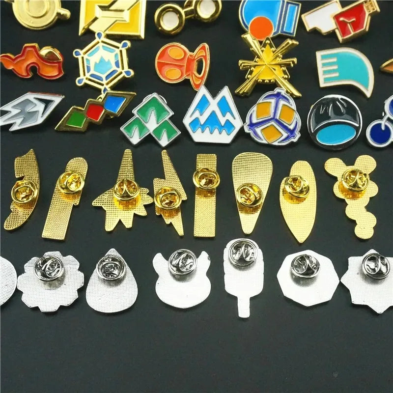 Pocket Monster Trainer Gym Badges Collection Kanto Johto Hoenn Unova Kalos Orange Islands Pins Brooches Toy for Collectors