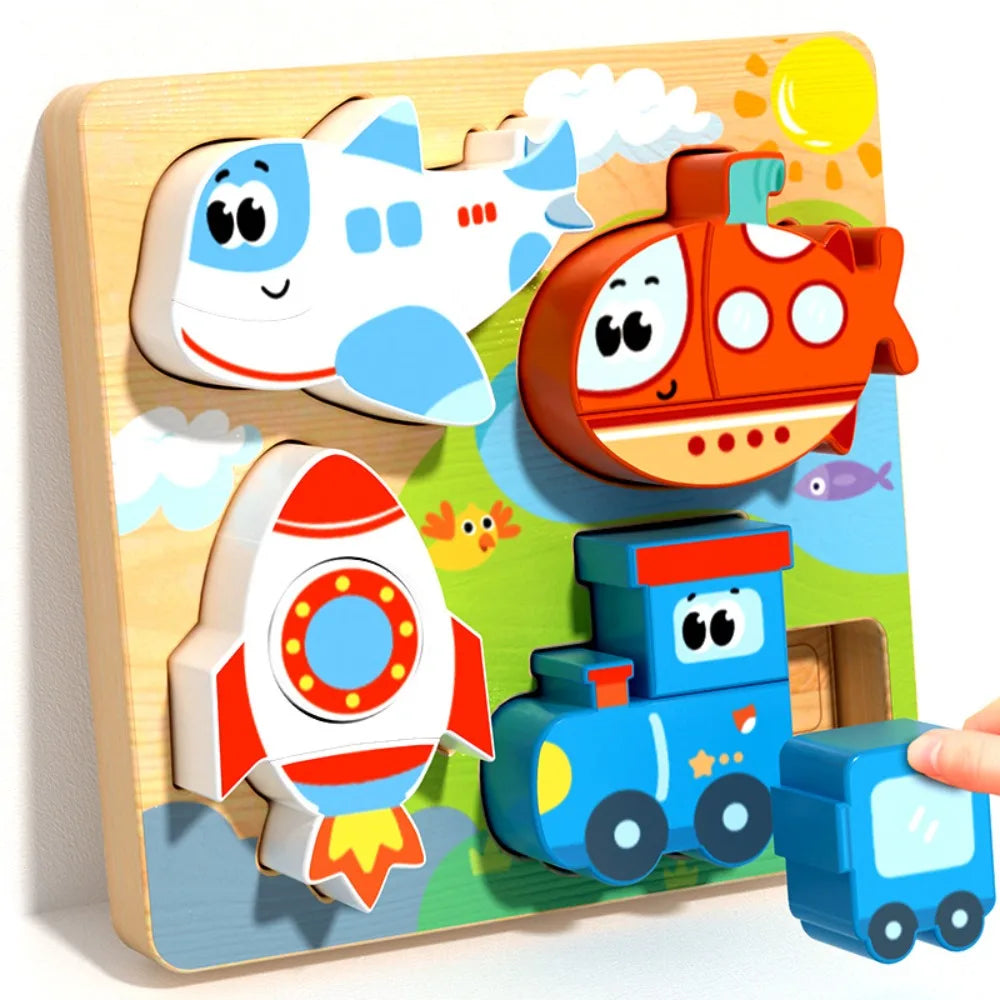 4-in-1 Wood Puzzle Cartoon 3D Animals Cognitive Jigsaw Puzzle Portable Safe Early Learning Puzzle Set Children Educational Toys
