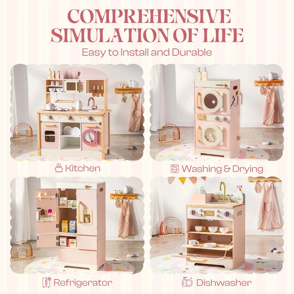 Robud Kids Wooden Pink Play Kitchen All in 1 Corner Set Includes Oven Refrigerator Washer Perfect Birthday Gift for Little Chefs
