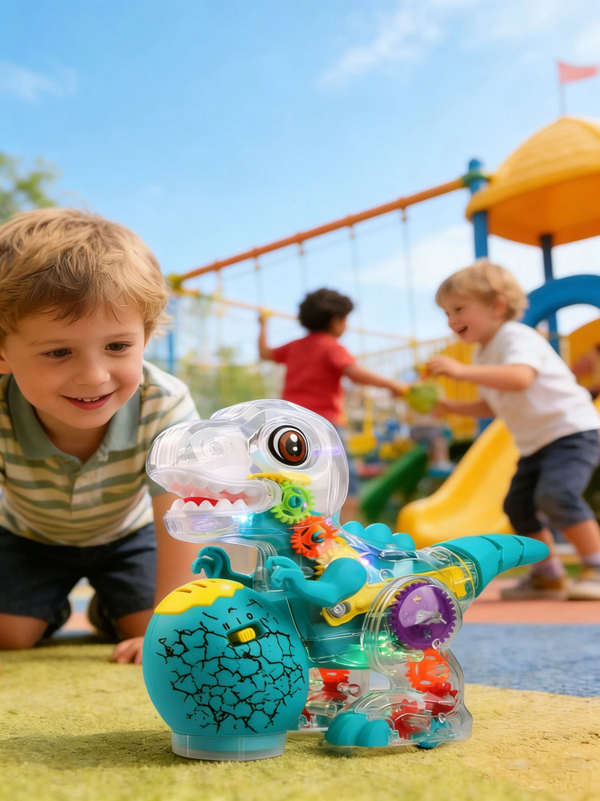 Electric Dinosaur Toy Car for Kids Robot Pet Universal Wheel Bump and Go Swing Toy Transparent Gear with Lights and Music