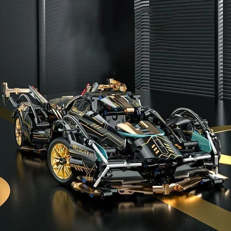 A 523-piece set of black and gold, aerodynamic sports car DIY building blocks, suitable for office/home decor and assembly toys.