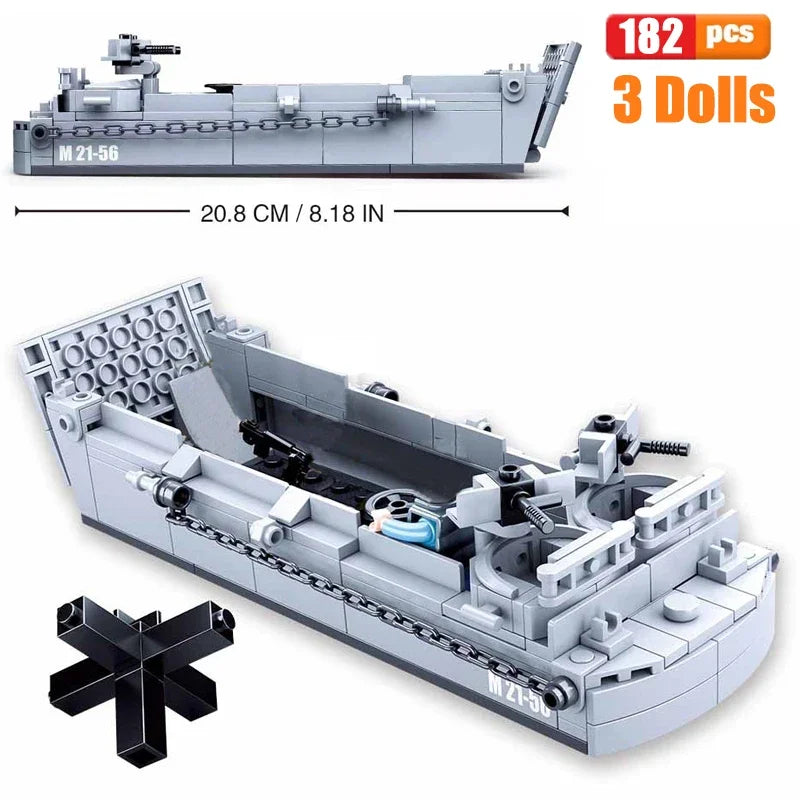 SLuban MOC WW2 Series Normandy Landing P-51 Mustang Fighte Building Blocks Higgins Landing Craft Modle Bricks Tank Toys For Kids