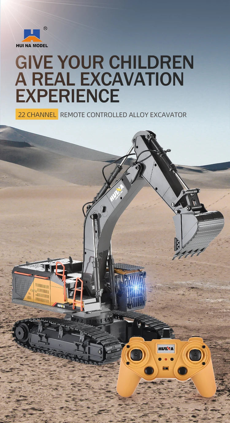 HUINA 1592 1:14 Scale RC Excavator 22 Channels 2.4G Semi-Alloy Remote Control Engineering Crawler Tractor Children's Gift