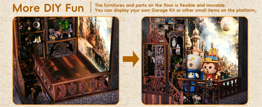 Book Nook Kit Magic Town DIY Wooden Puzzle Light Picture Bookshelf Insert Decor Dollhouse Model Bookend Building Home Decoration