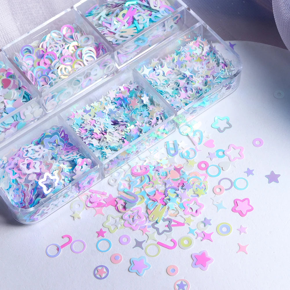 6 Grids Mermaid Stars Glitter Flakes Epoxy Resin Mold Filling English Alphabet Circle Love Heart Shape Sequins DIY Crafts Making