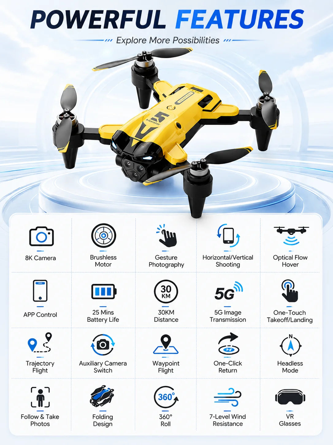 Brushless Aerial RC Drone 8K Triple Camera 5G Transmission 7 Level Wind Resistance Optical Flow Hover Folding Portable Drone