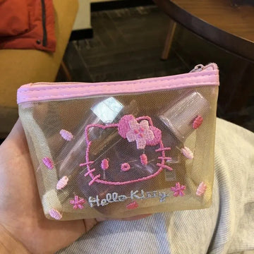 Hello Kitty Cartoon Peripheral Women's Makeup Storage Bag, Cute Hello Kitty Storage Bag with White Mesh and Pink Embroidery