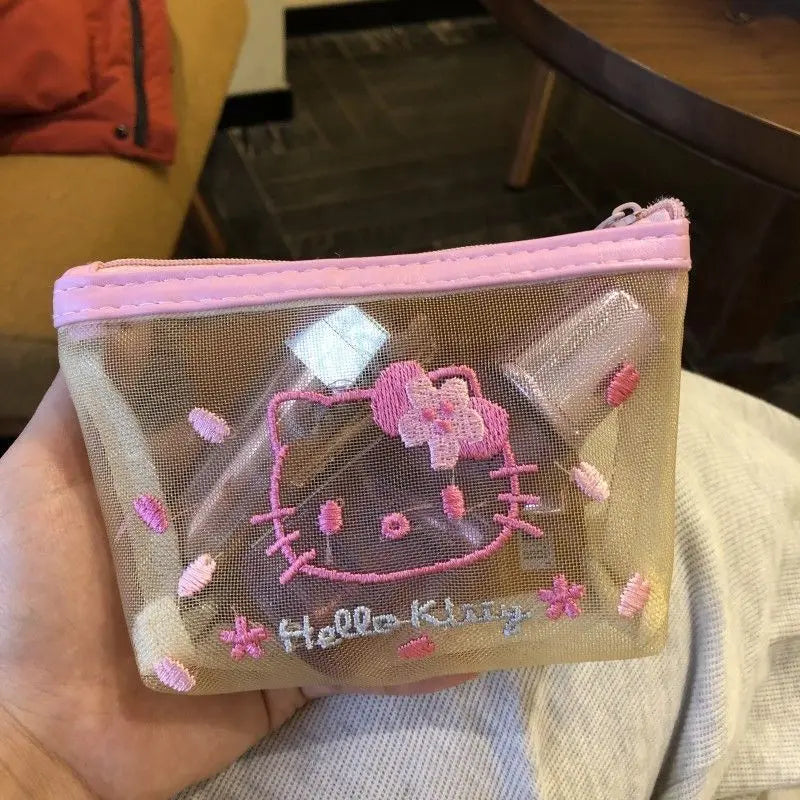 Hello Kitty Cartoon Peripheral Women's Makeup Storage Bag, Cute Hello Kitty Storage Bag with White Mesh and Pink Embroidery