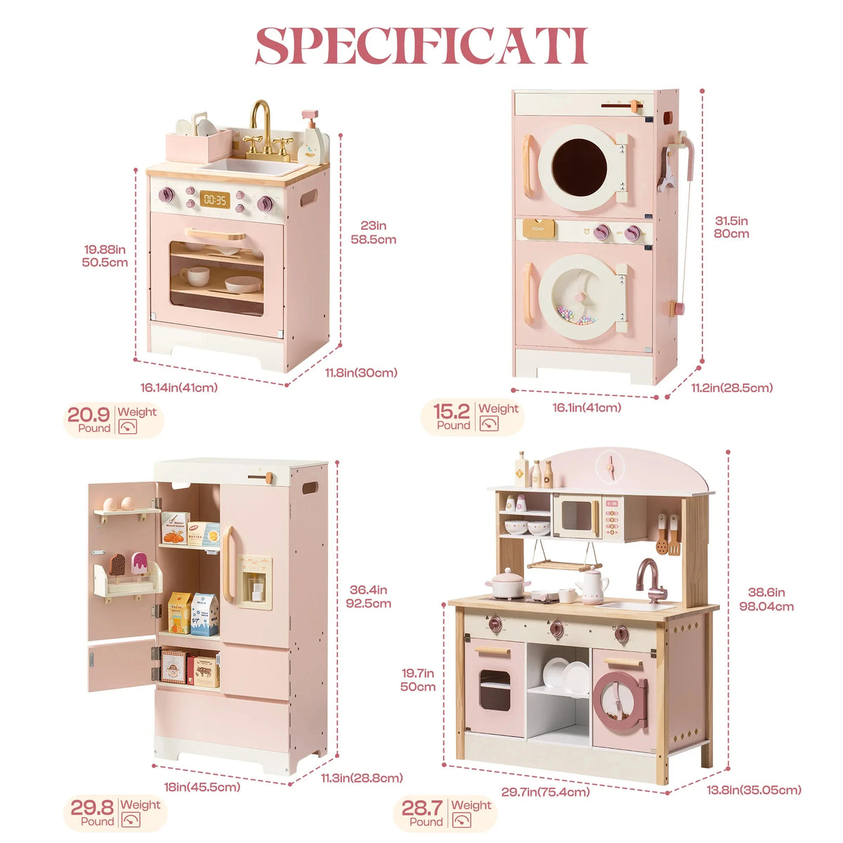 Robud Kids Wooden Pink Play Kitchen All in 1 Corner Set Includes Oven Refrigerator Washer Perfect Birthday Gift for Little Chefs
