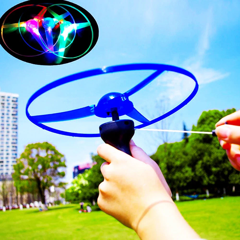 Luminous Flying Disc Propeller Toys LED Lighting Pull String Flying UFO Toy Spinning Top Outdoor Game Sports Toy Gift