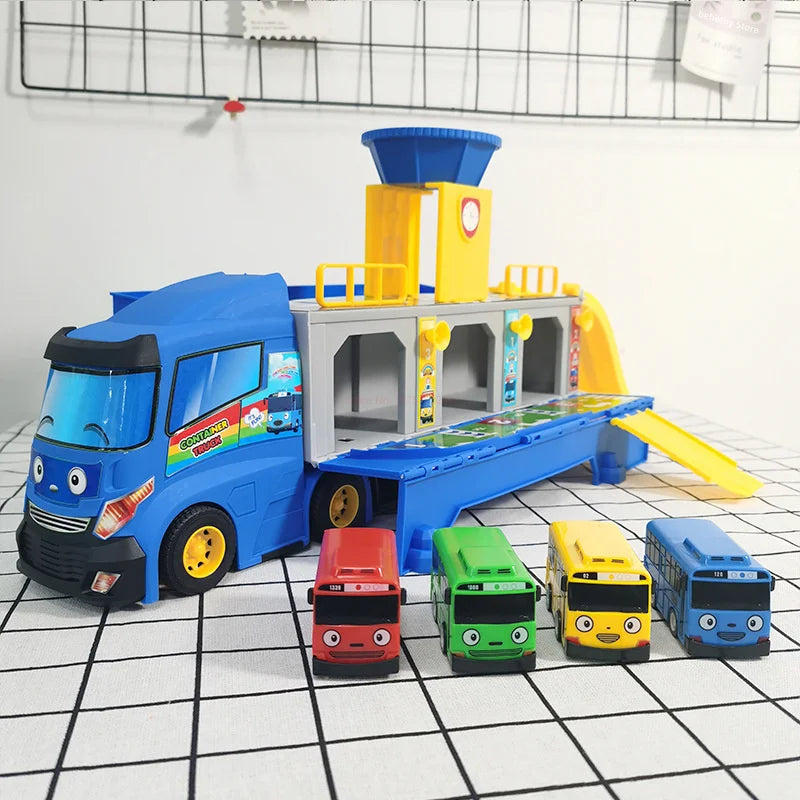 Tayos Cartoon The Little Bus Container Truck Storage Box Parking Lot With 3 Pull Back Mini Car Toys For Children Birthday Gifts
