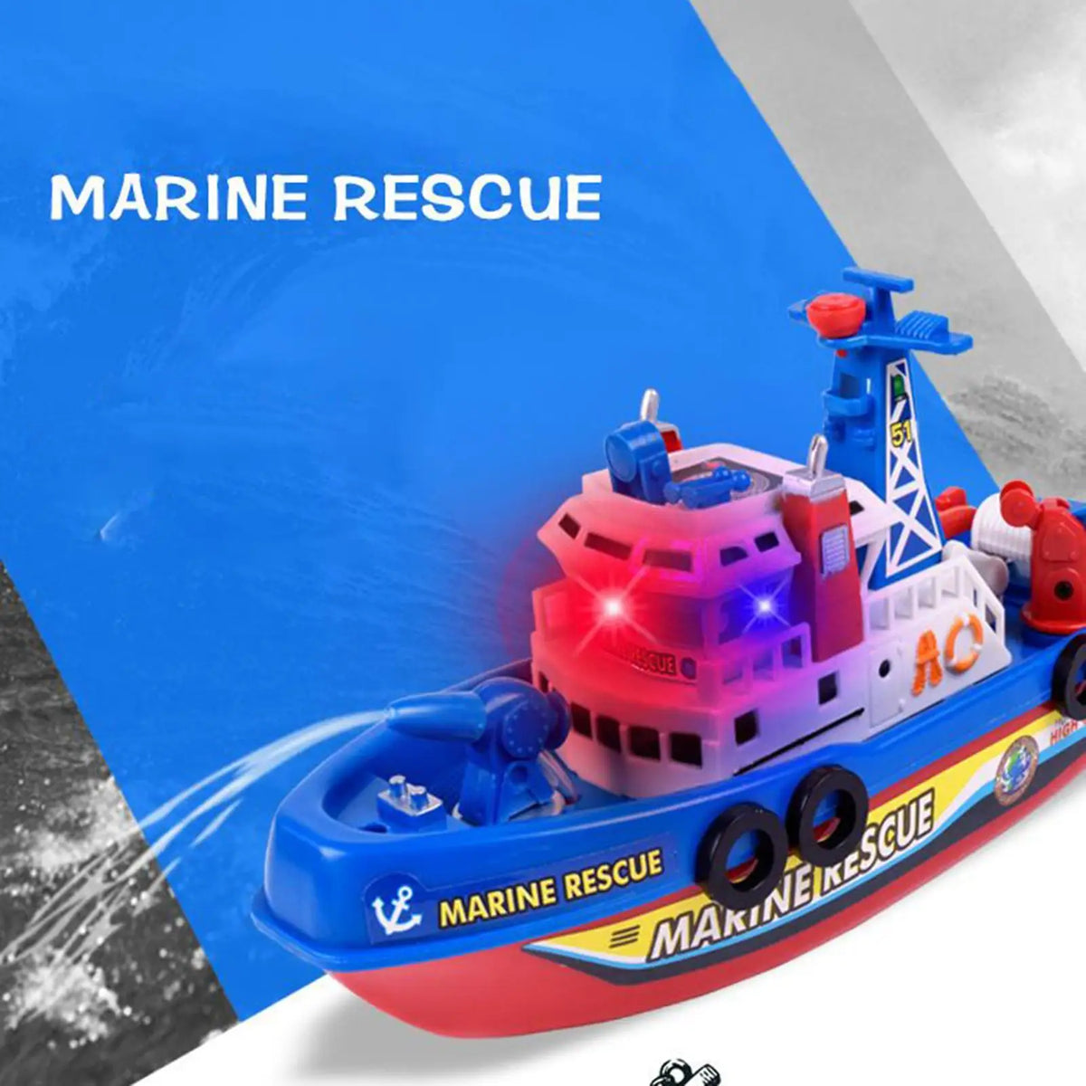 Kids Electric Marine Rescue Boat Toy Fire Fighting Bath Toy with Light Music and Water Spray, Floating Ship for Pool & Tub