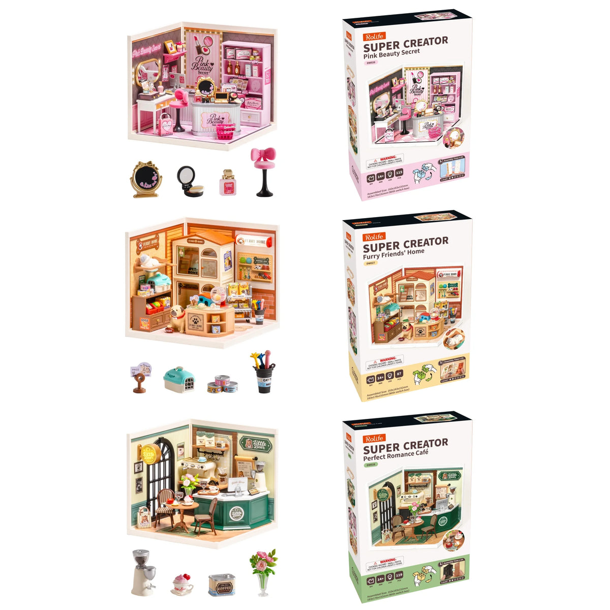 Rolife Super Creator Serious DIY Miniature House Kit Mini Dollhouse Model Building Kit with LED Light Home Decor(DW026/27/28)