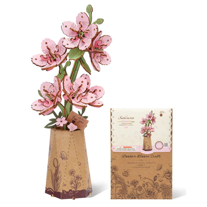 Rolife Wooden 3D Puzzle Sakura Artificial Flower DIY Model Building Kit for Bookshelf Decor Valentine's Day Mother's Day Gift