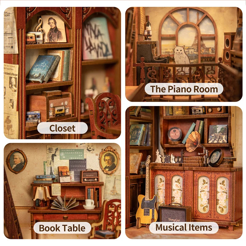 CUTEBEE DIY Book Nook Miniature Dollhouse Booknook with Touch Light Dust Cover Bookshelf Insert for Decor Gifts Secret Rhythm