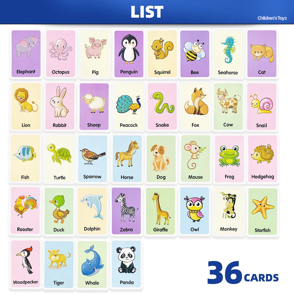 36 Double-Sided Animal Recognition Cards for Kidsren's Enlightenment and Learning through Pictures, Paper-Based Fun Teaching Cards