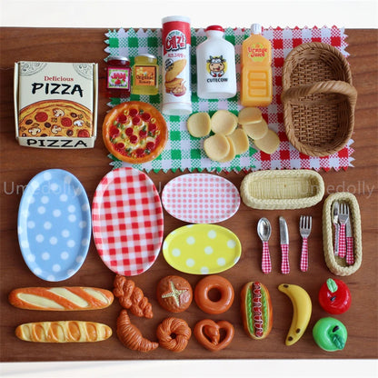 44PCS 1:6 Dollhouse Miniature Honey Bread Pizza Picnic Basket Model Mini Play Kitchen Food & Drink Set for Doll Accessories