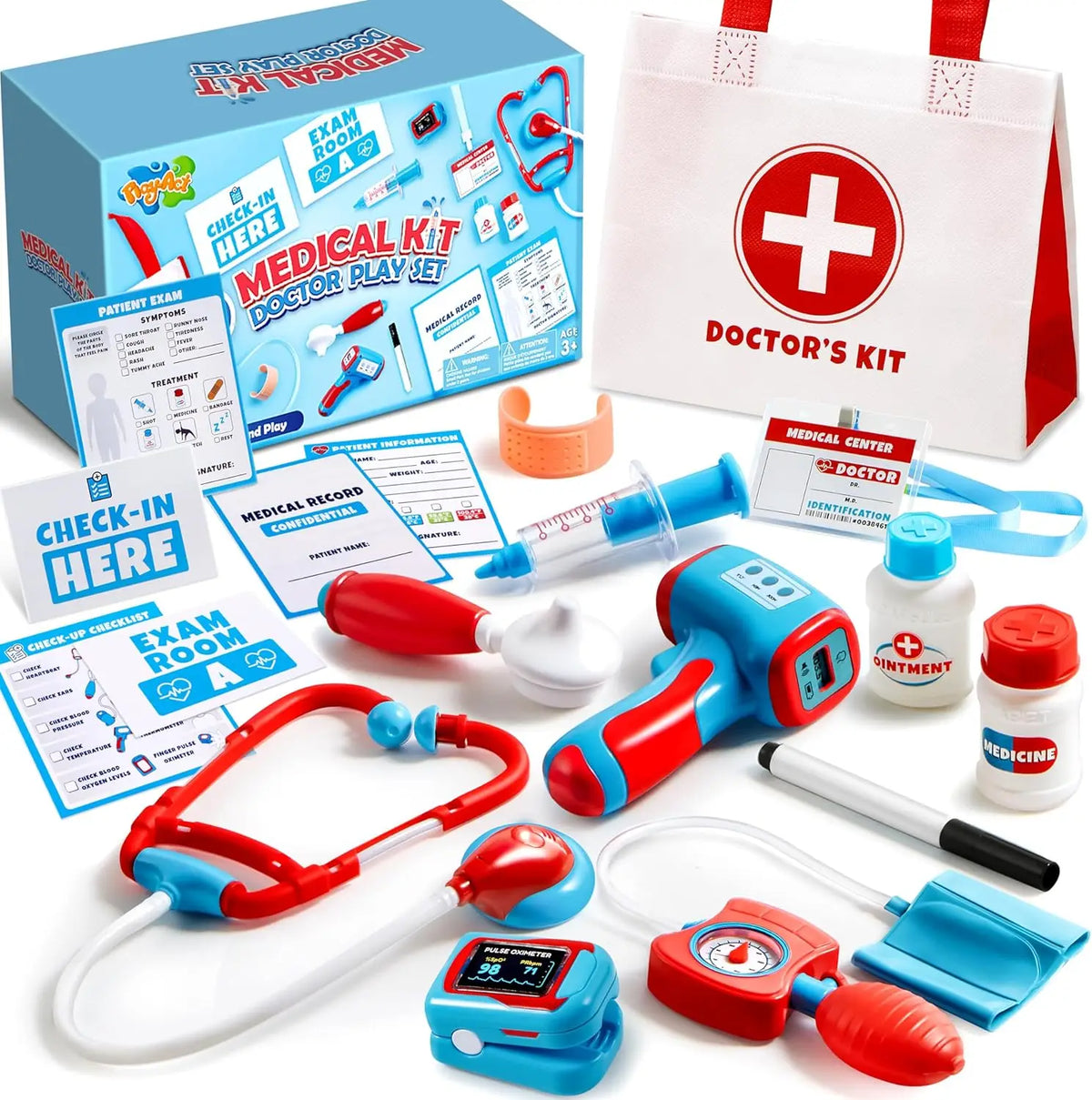 JOYFY Kids Doctor Kit 16Pcs Pretend Play Medical Kit with Realistic Toy Stethoscope Reusable Record Cards for Toddlers Ages 3+