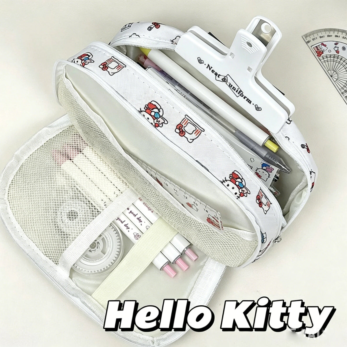 Hallo Kitty Cartoon Print Flap Pencil Case, Large Capacity Student Zippered Stationery Bag for Women Pencil Cases & Storage Bags