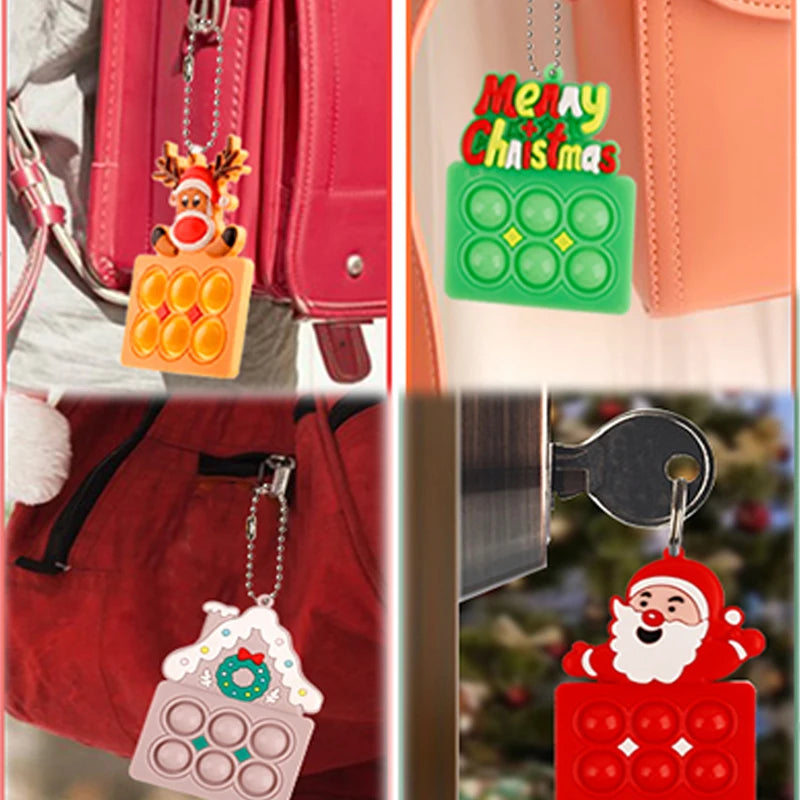 Christmas Keychain Fidget Toys Push Bubble Sensory Toys Santa Claus Elk Christmas Tree Keyrings for Kids Adult Christmas Gifts