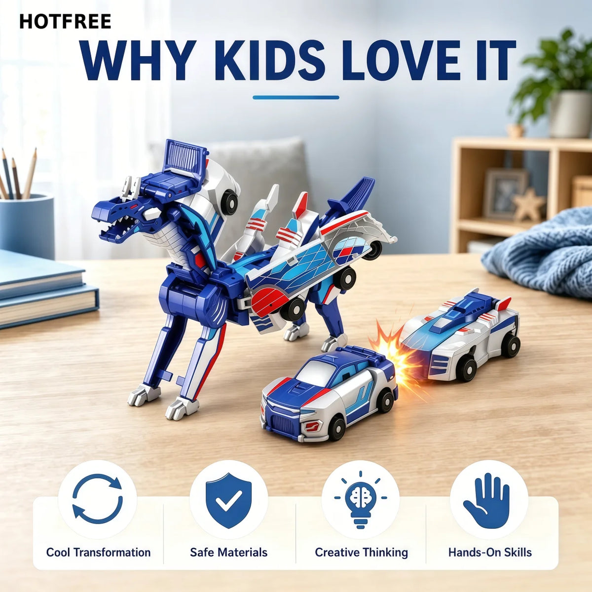 Hotfree Magnetic Dinosaur Transformer Car Toy, 2-in-1 Magnetic Cars That Transform into Flying Dragon Deer and Unicorn, Automatic Collision Transforming Toy, Fun STEM Toy Birthday Christmas Gift for Boys & Girls