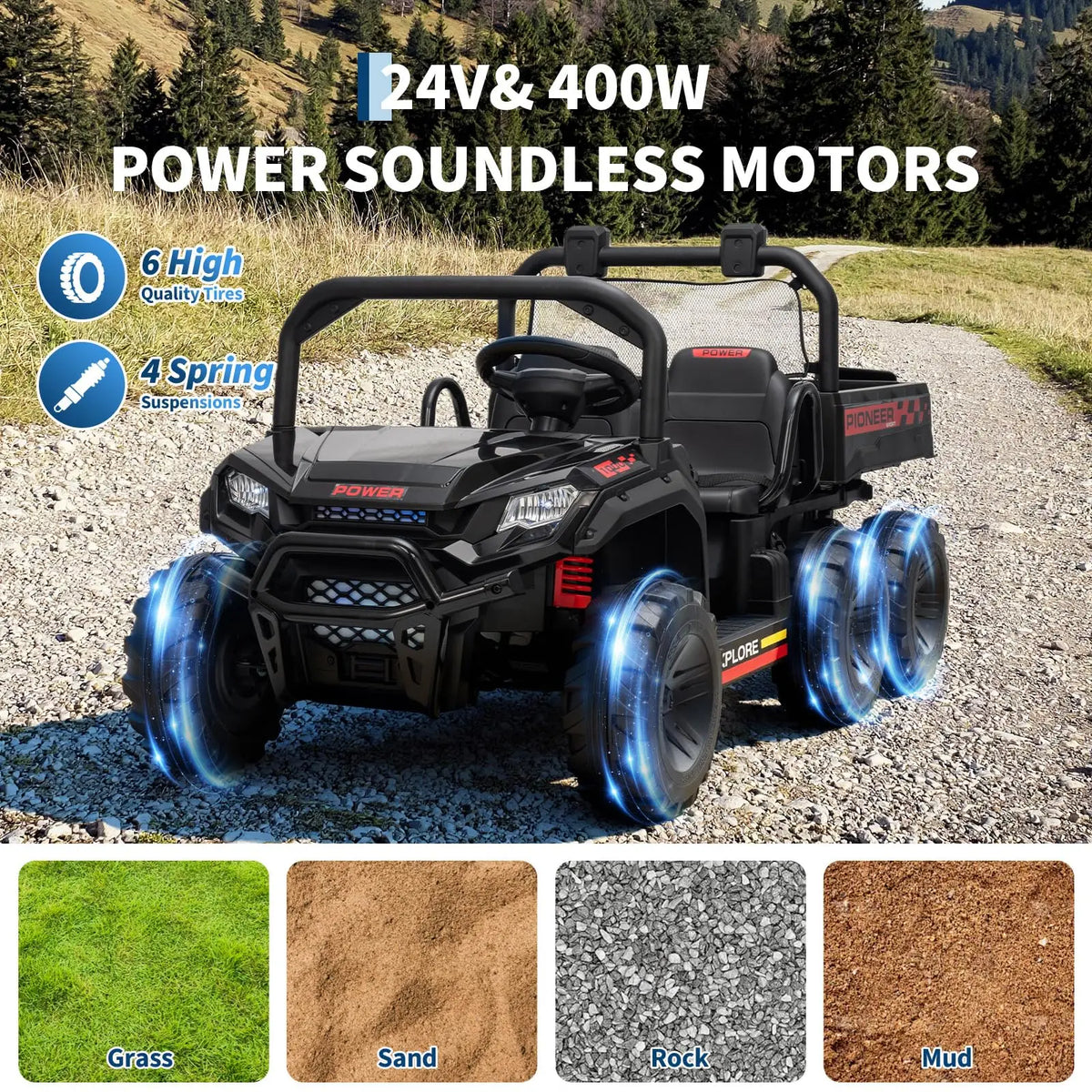 24V 4WD All-Terrain Kids Ride On Dump Truck Parental Remote Control 3 Speeds 2-Seater Off-Road Toy Car For Boys Girls