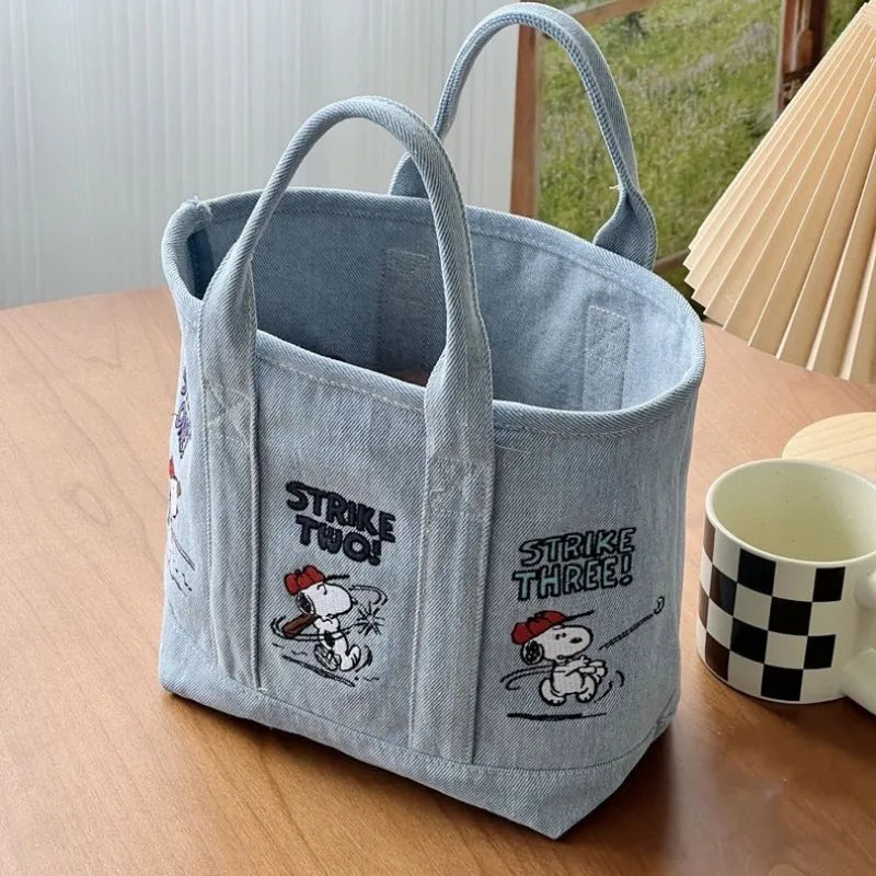 Snoopy Embroidered Canvas Tote Bag Japanese Style Cute Casual Handbag for Women Lunch Bag Office Work Commuting