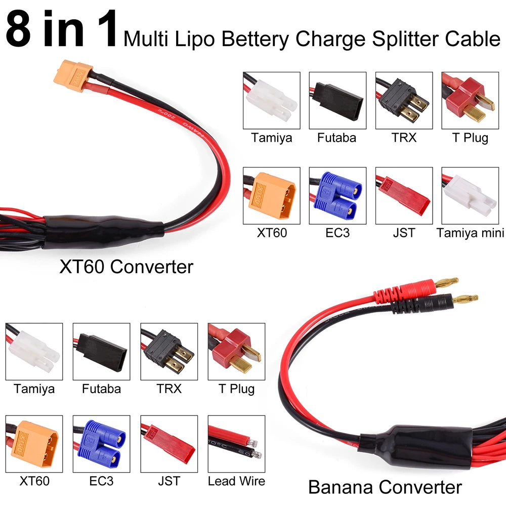 RC Charger Adapter Connector 8 In 1 Charger 4.0mm Banana XT60 TRX Tamiya Lipo for RC Car Drone Imax B6 B6AC Battery Cable