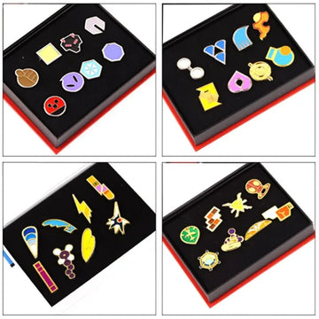 Pocket Monster Trainer Gym Badges Collection Kanto Johto Hoenn Unova Kalos Orange Islands Pins Brooches Toy for Collectors