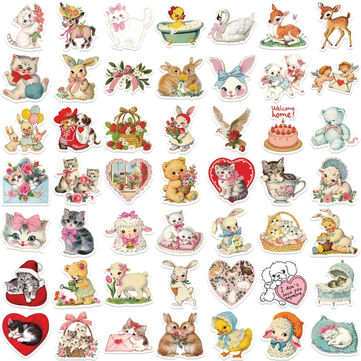 50Pcs Vintage Animals Clipart Stickers Cat Rabbit for Laptop Scrapbook Waterproof Cartoon Graffiti Decals Cute Sticker Toys