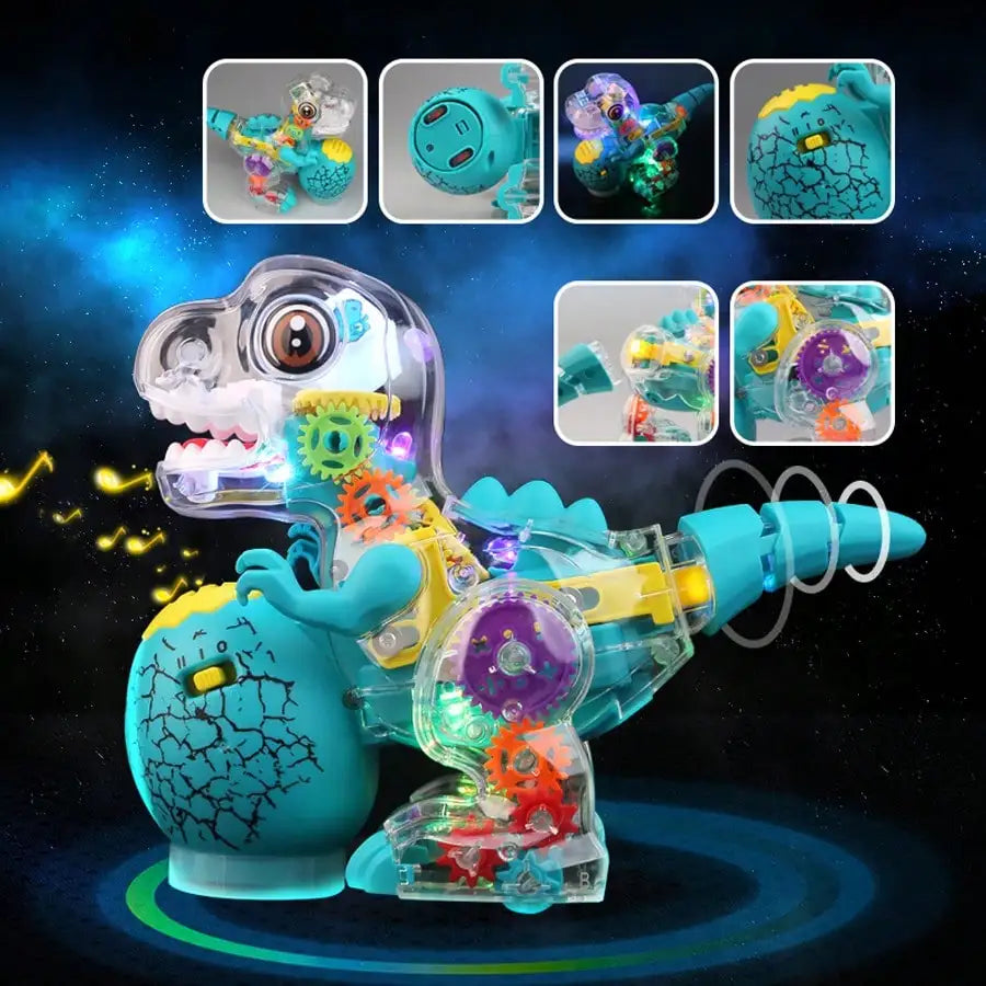 Electric Dinosaur Toy Car for Kids Robot Pet Universal Wheel Bump and Go Swing Toy Transparent Gear with Lights and Music