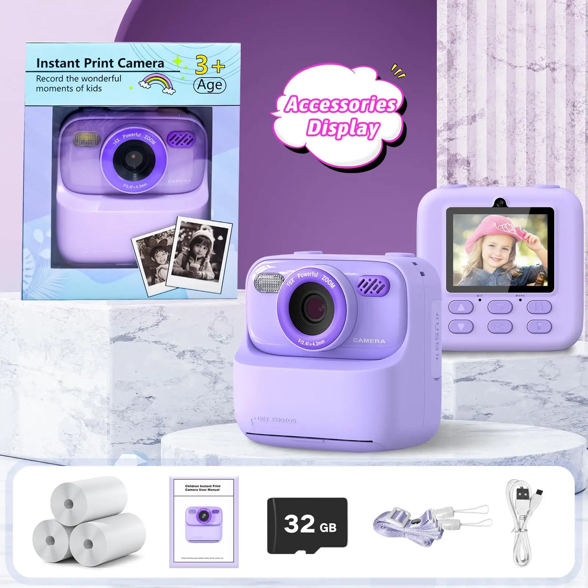 Kids Digital Camera 1080P Vedio Thermal Instant Print Camera With 32G For Girls Boys Age 3-12 Best Christmas Birthday Gifts