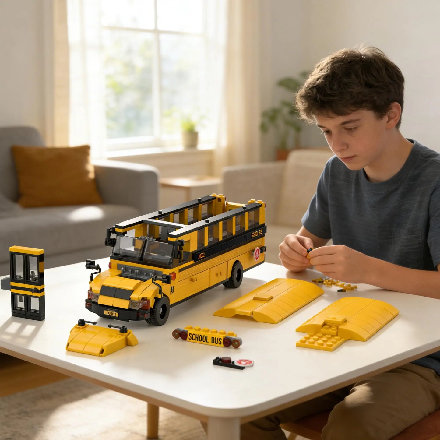 788PCS School Bus Building Blocks Classic Yellow American School Bus Model Bricks Desktop Ornament Kids Educational DIY Toy Gift