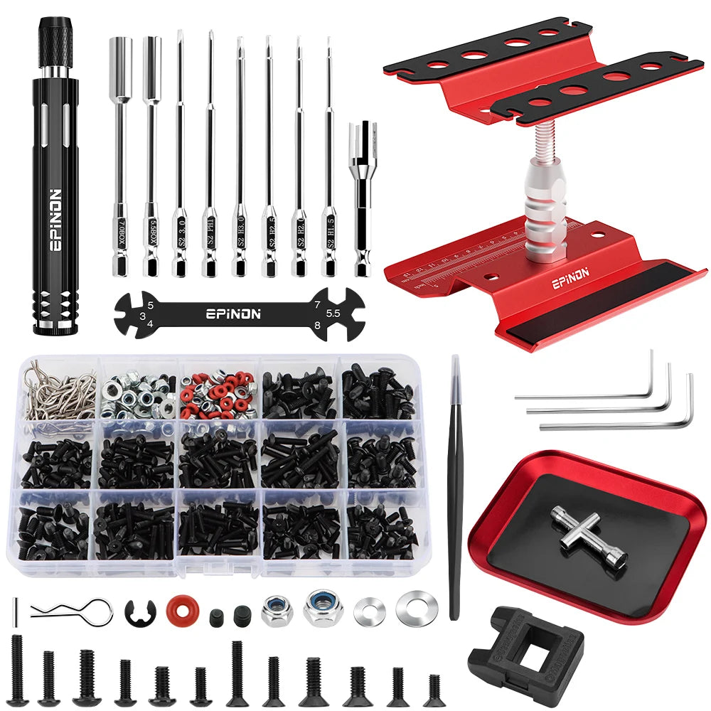 EPINON RC Car Repair Work Stand Repair Tool Set 360 Degree Rotation and 520 Pcs RC Screws Kit and RC Screwdrivers and Screws Pallet for 1/8 1/10 1/12 1/16 1/18 RC Car Crawler Truck Buggy