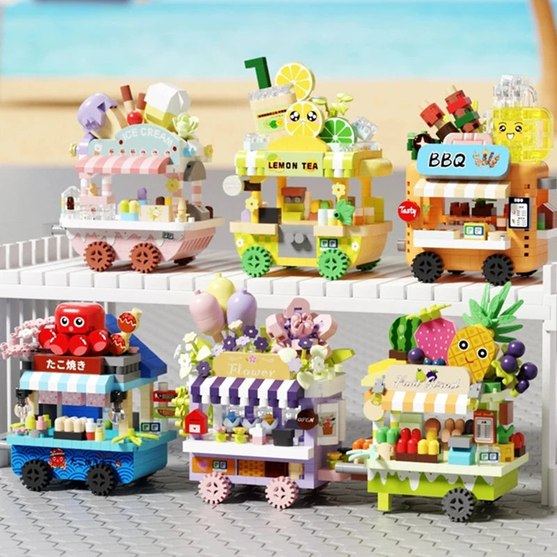 NEW DIY Coffee Car Buns Food Truck Ice Cream Store Flower Street View Building Blocks Kit Bricks Model Toy