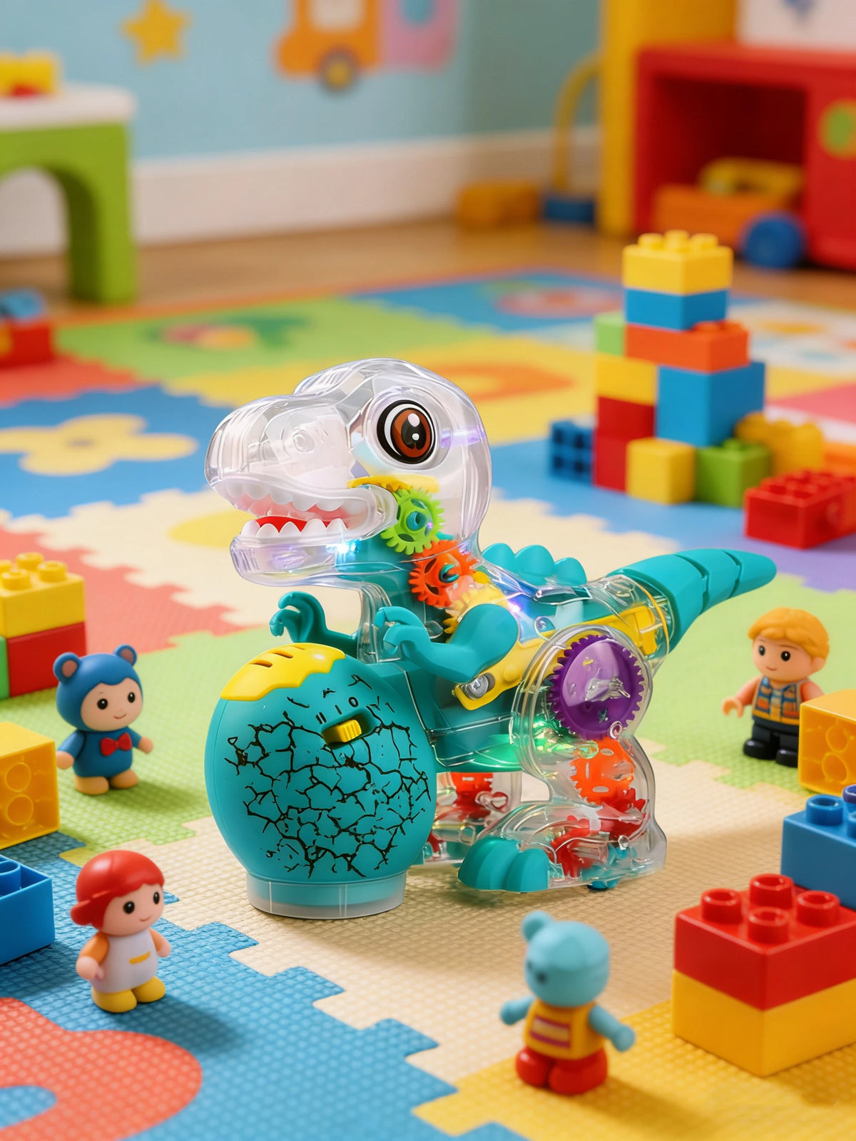 Electric Dinosaur Toy Car for Kids Robot Pet Universal Wheel Bump and Go Swing Toy Transparent Gear with Lights and Music