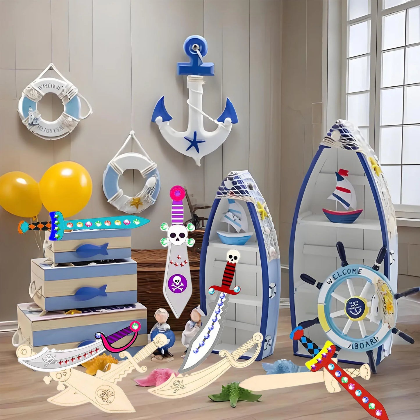 216PCS unfinished DIY wooden pirate knife set, wooden handmade painting crafts, suitable for various parties, party gifts