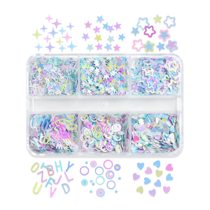 6 Grids Mermaid Stars Glitter Flakes Epoxy Resin Mold Filling English Alphabet Circle Love Heart Shape Sequins DIY Crafts Making