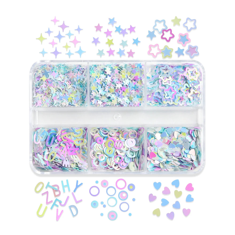 6 Grids Mermaid Stars Glitter Flakes Epoxy Resin Mold Filling English Alphabet Circle Love Heart Shape Sequins DIY Crafts Making