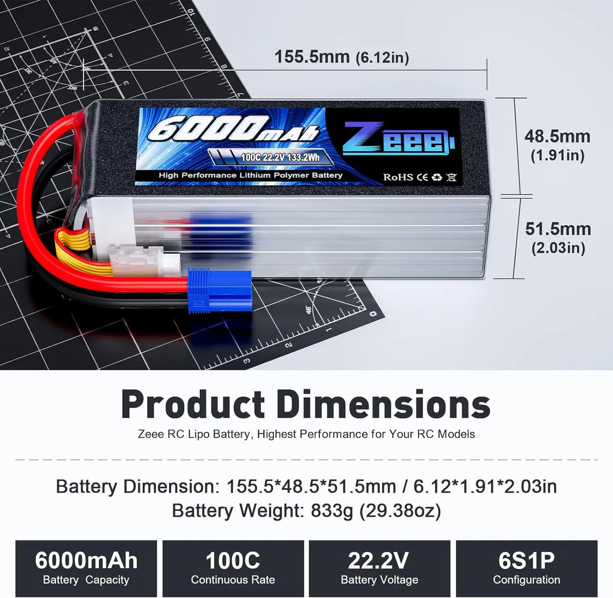 Zeee 6S 6000mAh Lipo Battery 22.2V 100C Softcase with EC5 Plug Lipo Battery for RC Car RC Airplane RC Helicopter RC Model Parts