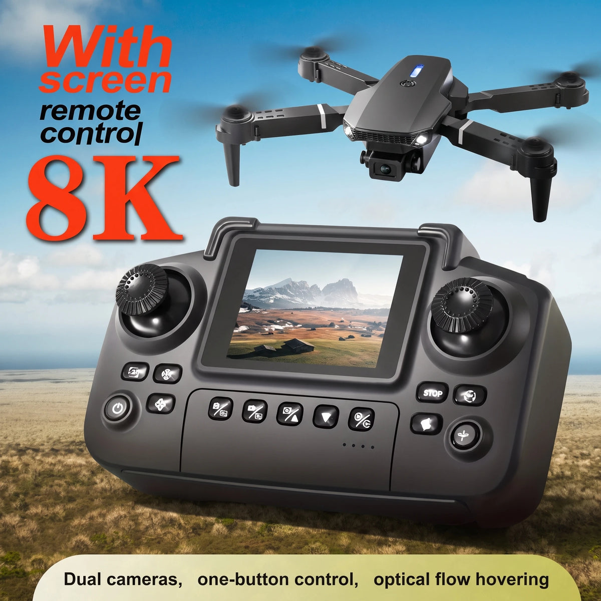 The Upgraded 2026 E99PRO MAX Drone Features Dual 8K Cameras, In-Screen Remote Control, Two Batteries, One-Key Return-to-Home, A Foldable Design, USB Charging, Wi-Fi Connectivity, and Flight Gaming Capabilities. This Drone Is