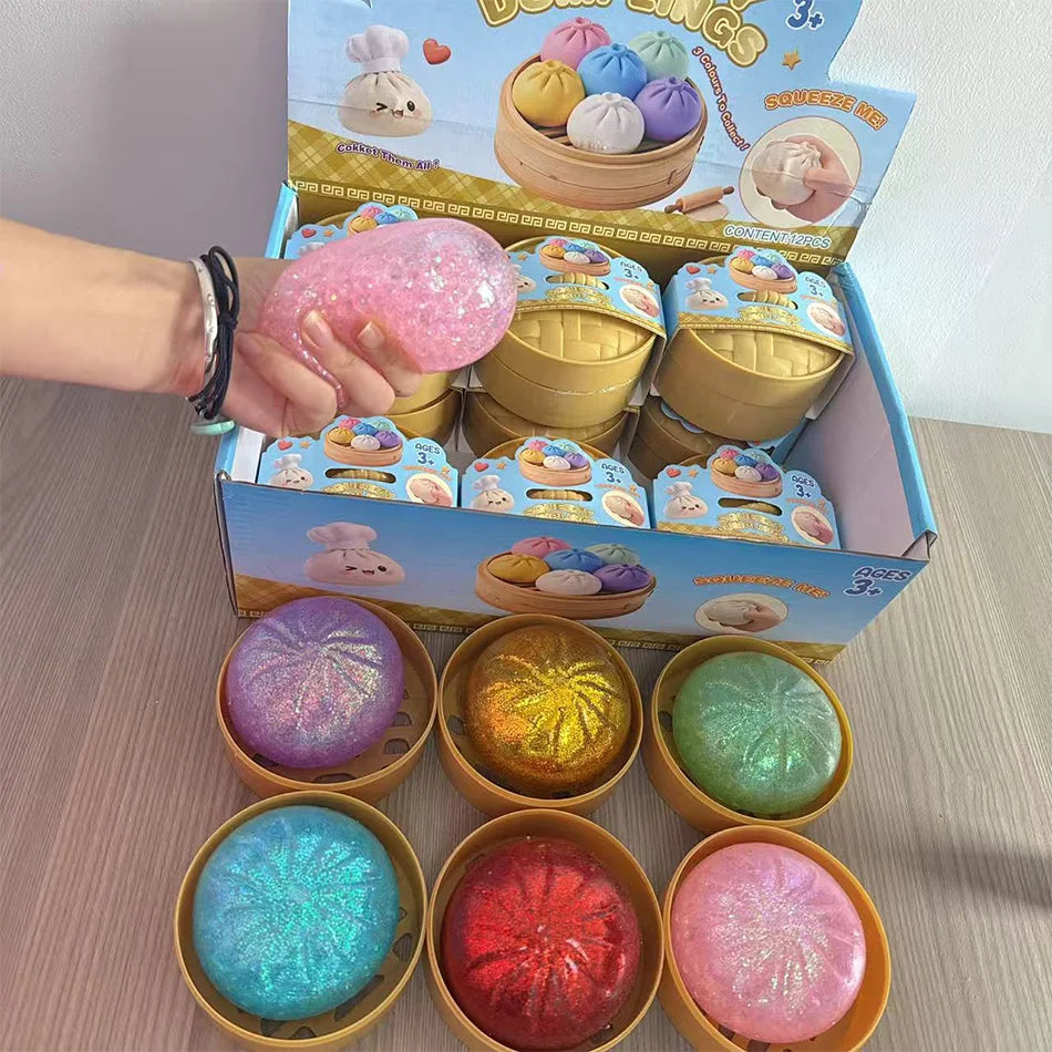 Glitter Dumpling Squishy Toy with Box Dumpling Sensory Squeeze Stress Relief Glitter Dough Gift for Adults And Kids