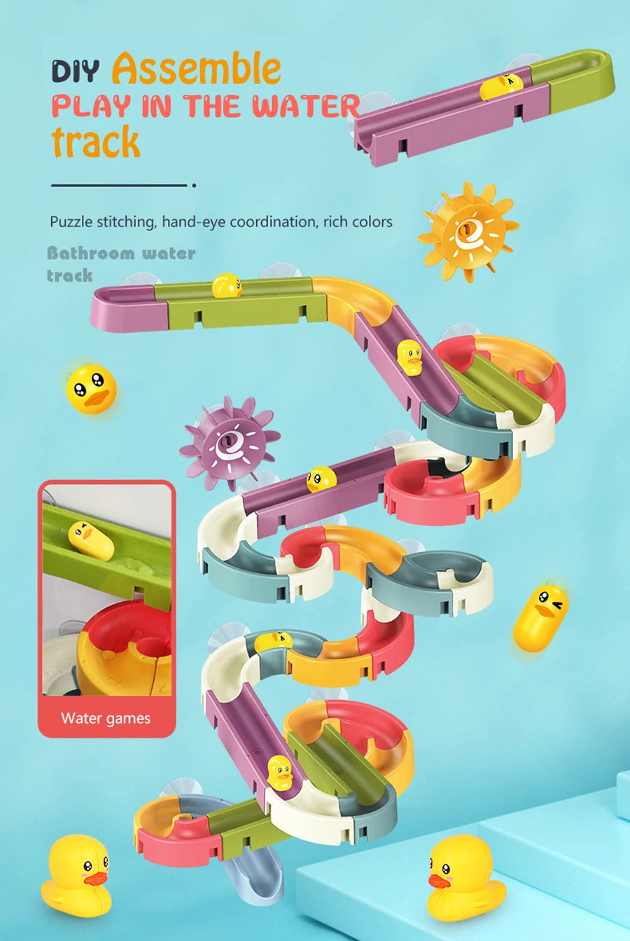 Baby Bath Toys Wall Bathtub Toy Assembling Slide Wind-Up Duck Slide Bathroom Shower Tracks Water Toys for Toddlers Kids Gifts