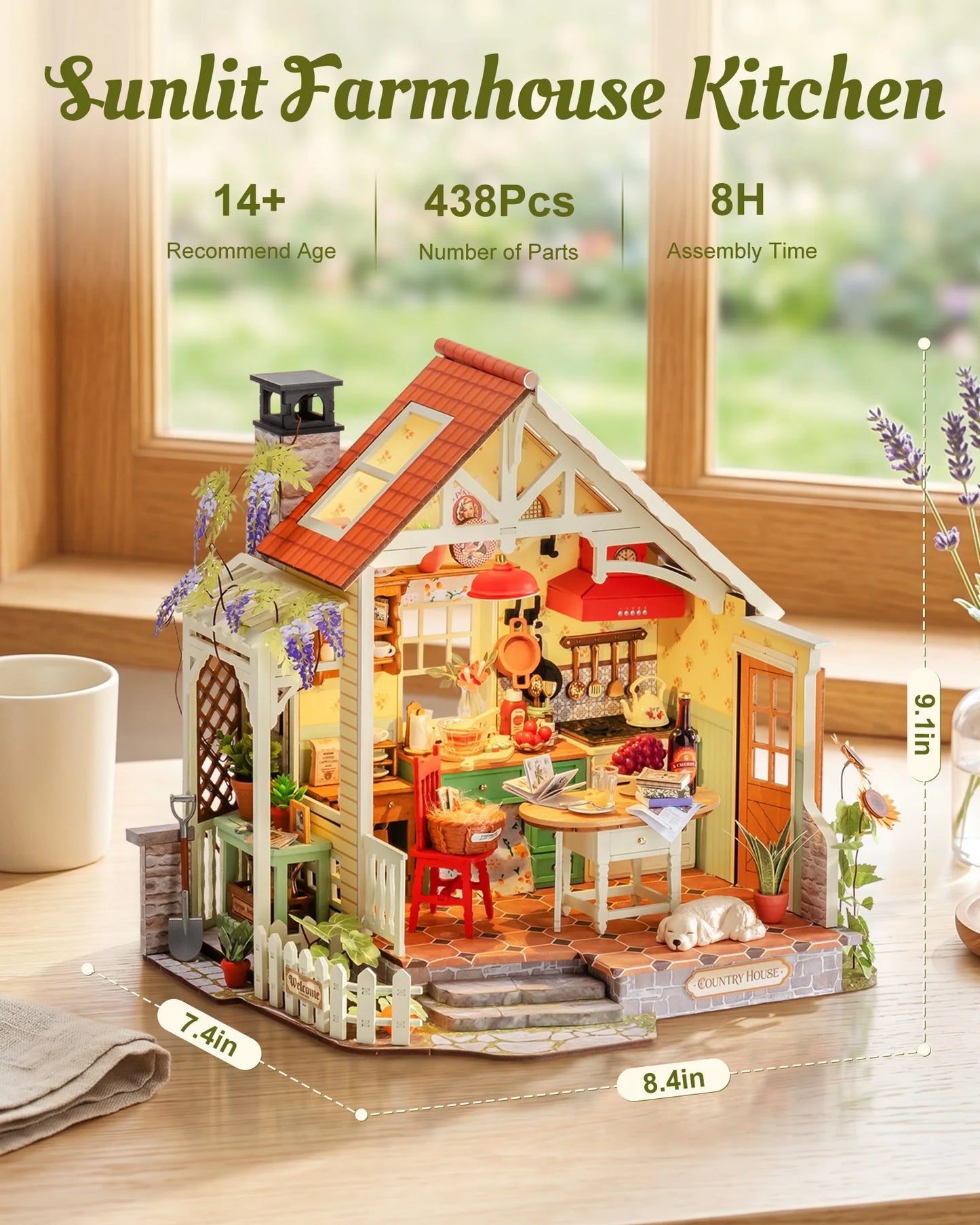 Rolife DIY Miniature House Kit 438-piece Sunlit Farmhouse Kitchen Wooden Dollhouse 3D Puzzle Tiny House Model Building Kit with LED Light Home Decor Gift for Adults Kids