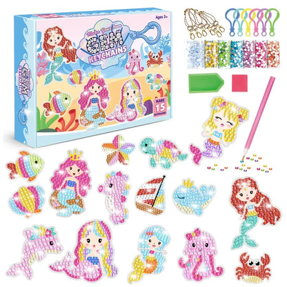 15 Piece Diamond Painting Handicraft Set for Children's Handmade DIY Mermaid Animal Keychain as a Gift for Children's