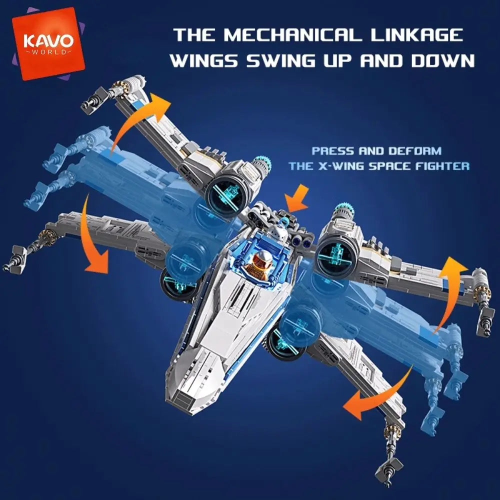 KAVOWORLD X-Wing Space Fighter Jet Building Blocks Toys Set with Pilot High-Technical Linked Wing Transformable Aircraft Model with LED Lights Retractable Landing Gear Spaceship Toy for Adults Birthday Christmas Gift for Spac