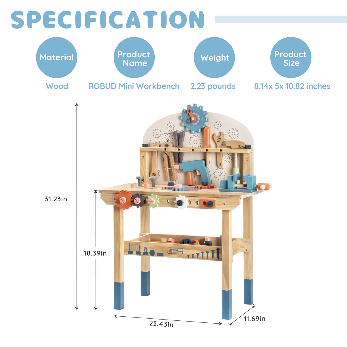 ROBUD Wooden Toy Workbench Tool Bench Set for Kids with Electric Drill Pretend Play STEM Learning Gift for Boys Girls Age 3+